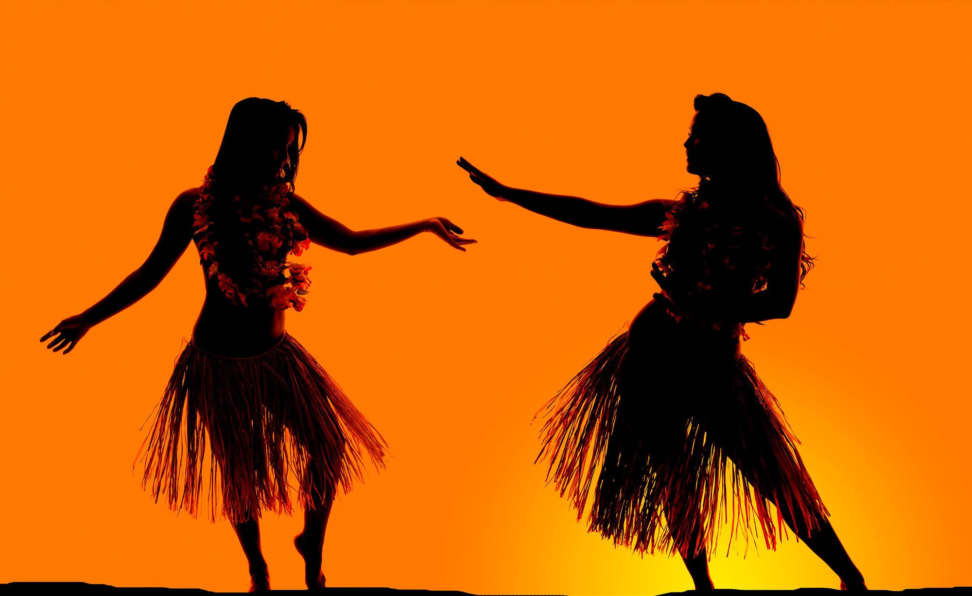 Two hula dancers in the sunset.
